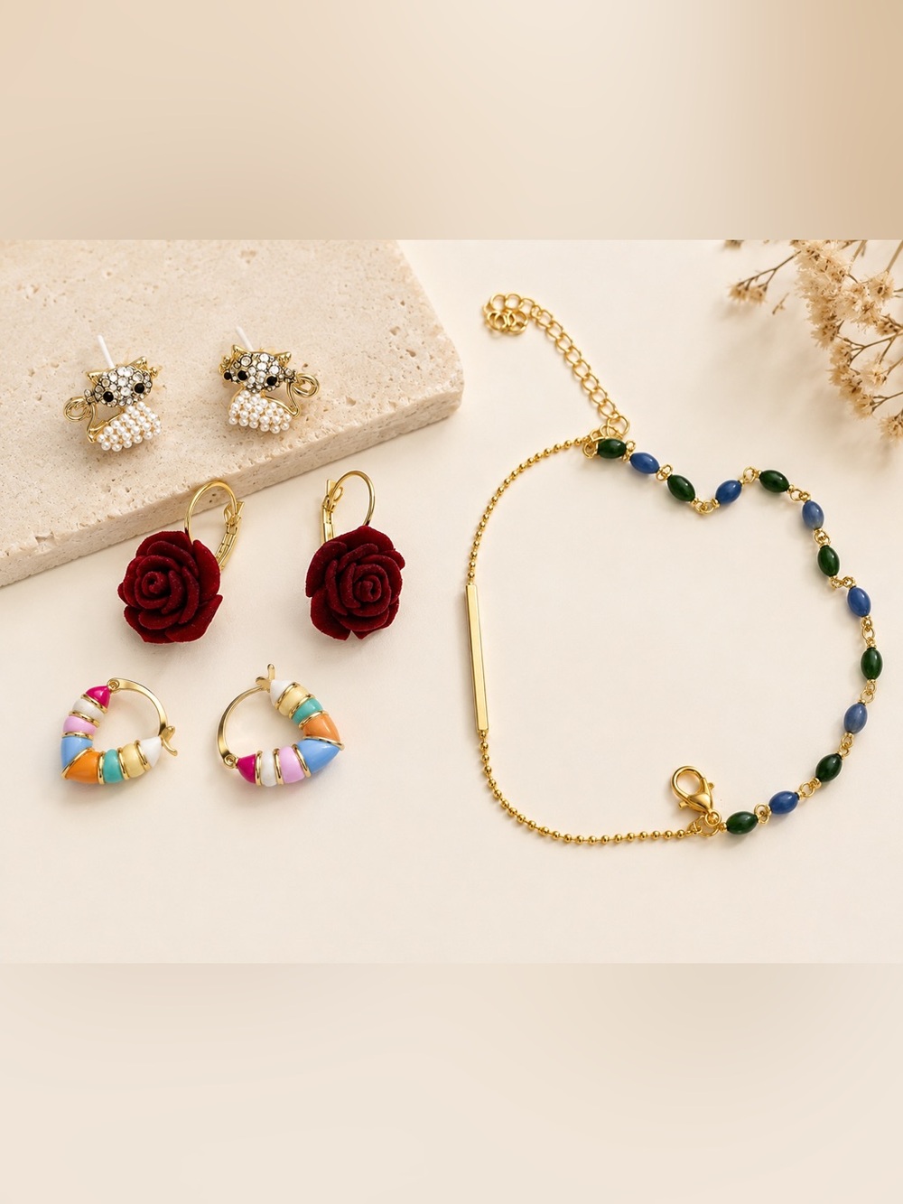Mixed Jewelry Bundle – Gold Tone Earrings & Beaded Bracelet – 4-Piece Set